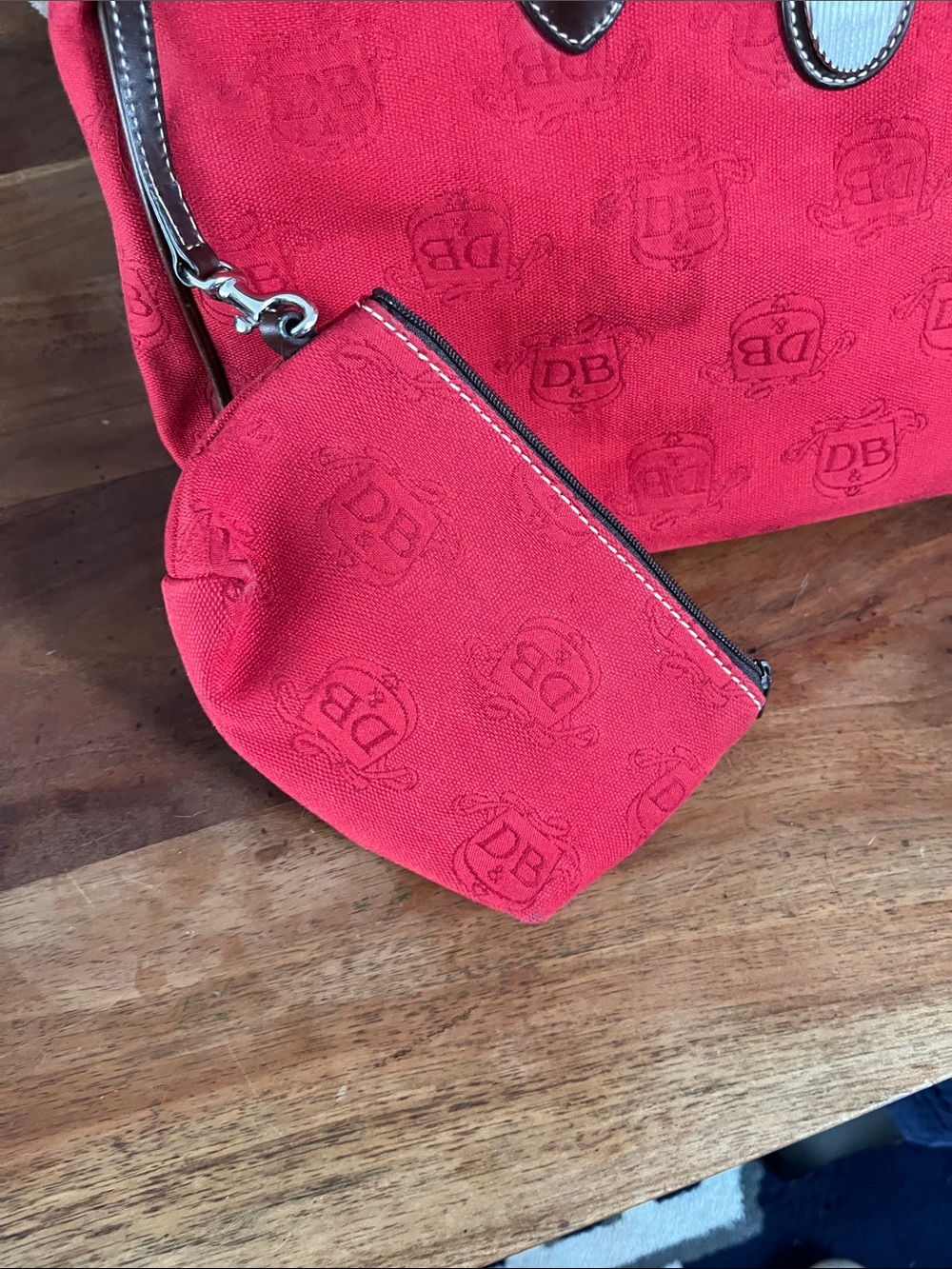 Dooney & Bourke Red Duffel with Brown Leather Trim - Picture 3 of 4